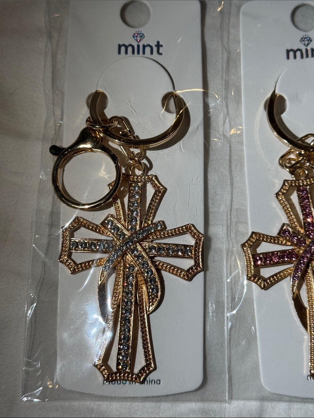 Gold tone metal Crystal Cross Keychain with Colored Rhinestones 6 color options